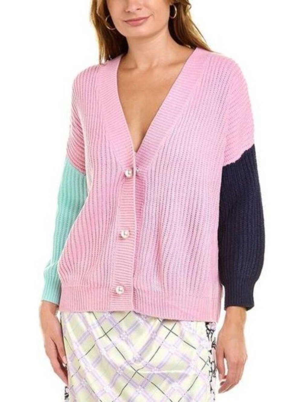 Olivia Rubin Cecily Oversized Cardigan Pink Colorblock Pearl Button Sweater